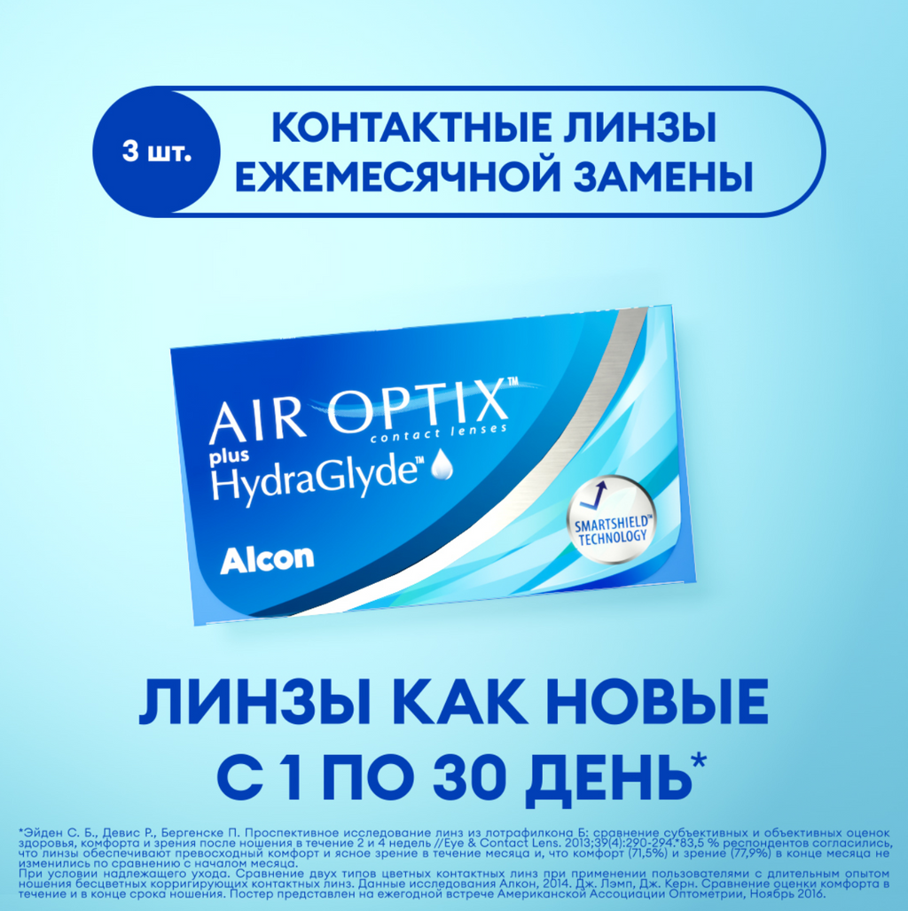Alcon Air Optix Plus HydraGlyde Линзы контактные, BC=8.6 d=14.2, D(-5.25), 3 шт.